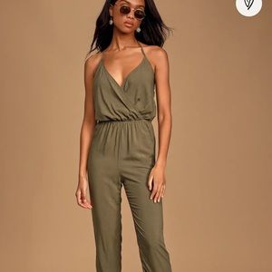 Lulus Learning to Fly Olive Green Halter Jumpsuit